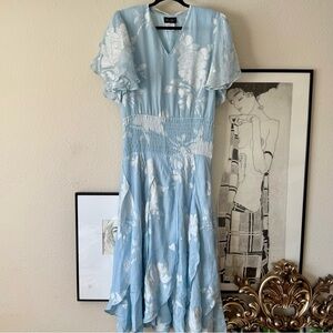 Vintage Diane Freis Blue and White Silk Floral Flowy Dress
